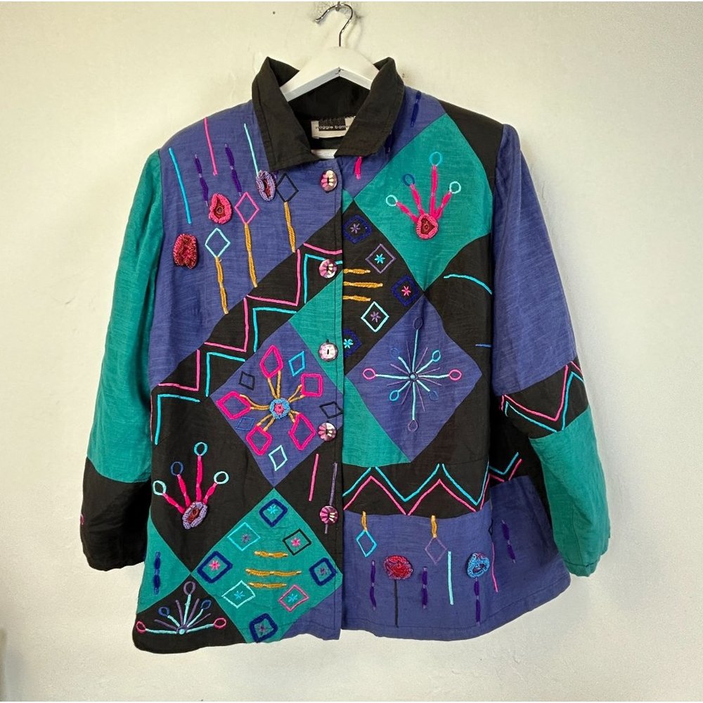Vintage Maggie Barnes Colorful Embroidered Patchwork Jacket Sz 20WP Art to Wear